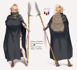 Rule 34 | 1girl, absurdres, ass, black cloak, blonde hair, breasts, bridal gauntlets, character name, character profile, character sheet, circlet, cloak, color guide, covered mouth, dancer, dark-skinned female, dark skin, earrings, elbow gloves, elf, expressionless, from behind, full body, glaive (polearm), gloves, gold trim, grey background, high ponytail, highres, huge breasts, jewelry, lilinea la-sahran, long hair, looking at viewer, mole, mole under eye, multiple views, original, piercing, pointy ears, polearm, ponytail, purple eyes, sandals, simple background, standby, standing, thighhighs, thighs, toe ring, toeless footwear, toeless legwear, toenails, toes, turnaround, weapon, wide hips