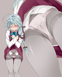 Rule 34 | 1girl, ahoge, aqua hair, ass, black ribbon, blush, bow, bowtie, braid, brown eyes, cameltoe, cleft of venus, clothes lift, commentary request, dress, dress lift, embarrassed, from below, grey pantyhose, hair over one eye, hair ribbon, hamanami (kancolle), highres, kantai collection, lifting own clothes, long hair, long sleeves, mtu (orewamuzituda), multiple views, open mouth, panties, panties under pantyhose, pantyhose, pantyshot, red dress, ribbon, school uniform, shirt, side braid, simple background, single braid, standing, tears, thighband pantyhose, underwear, upskirt, white panties, white shirt
