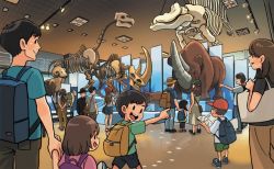 Rule 34 | bag, black eyes, blue shirt, brown hair, ceiling light, child, commentary request, dinosaur, display case, facing away, father and daughter, father and son, fossil, fujiwara yoshito, full body, glass, hand on another&#039;s shoulder, handbag, indoors, long hair, male focus, map, multiple boys, multiple girls, museum, open mouth, original, red headwear, school bag, sheep, shirt, short hair, shorts, skeleton, statue, teeth, tyrannosaurus rex, upper teeth only, whale, woolly mammoth, woolly rhinoceros
