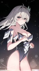 Rule 34 | 1girl, ahoge, armored leotard, bare shoulders, black background, black hairband, black leotard, blush, breasts, brown eyes, cleavage, collarbone, cowboy shot, firefly (honkai: star rail), grey hair, hair ornament, hairband, highres, honkai: star rail, honkai (series), large breasts, leotard, long hair, looking at viewer, parted lips, solo, standing, strapless, strapless leotard, thighs, yeni1871