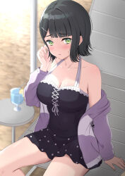 1girl absurdres beach black_hair black_one-piece_swimsuit blunt_bangs blurry blurry_background blush breasts casual_one-piece_swimsuit chair cleavage collarbone commentary_request covered_navel cross-laced_clothes cross-laced_one-piece_swimsuit cup drinking_straw flipped_hair food frilled_one-piece_swimsuit frills fruit green_eyes hair_ornament hairclip hand_rest hand_up highres jacket jacket_over_swimsuit large_breasts lemon lemon_slice link!_like!_love_live! long_sleeves looking_at_viewer lounge_chair love_live! momose_ginko momose_ginko_(swimsuit) off_shoulder official_alternate_costume official_alternate_hairstyle on_chair one-piece_swimsuit open_clothes open_jacket parted_lips partial_commentary polka_dot_one-piece_swimsuit purple_jacket shade short_hair sitting solo sweatdrop swimsuit virtual_youtuber zanpon