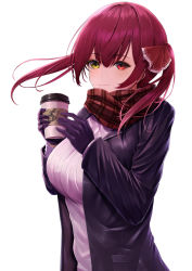 Rule 34 | 1girl, absurdres, bad id, bad pixiv id, black coat, black gloves, black jacket, blush, breasts, chun (sks rr), coat, cup, disposable cup, floating hair, gloves, hair over shoulder, hair ribbon, hands up, heterochromia, highres, holding, holding cup, hololive, houshou marine, jacket, large breasts, leather, leather jacket, lipgloss, long hair, long sleeves, looking at viewer, plaid, plaid scarf, red eyes, red hair, red scarf, ribbed sweater, ribbon, scarf, simple background, smile, solo, steam, sweater, twintails, upper body, virtual youtuber, white background, white sweater, wind, yellow eyes