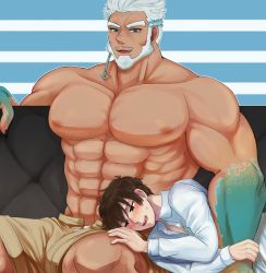 Rule 34 | 2boys, abs, aegir (housamo), anchor earrings, aqua hair, bara, beard, beige shorts, blue eyes, blush, brown shorts, couch, dark-skinned male, dark skin, earrings, facial hair, feet out of frame, fins, highres, hiota (kuhi 0301), interracial, jewelry, lap pillow, large pectorals, male focus, protagonist 4 (housamo), mature male, multicolored hair, multiple boys, muscular, muscular male, navel, nipples, on couch, open fly, pectorals, short hair, shorts, sitting, size difference, smile, stomach, streaked hair, tokyo houkago summoners, topless male, white hair, yaoi