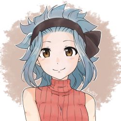 Rule 34 | 1girl, aria 404, black hairband, blue hair, brown eyes, fairy tail, hairband, levy mcgarden, looking at viewer, portrait, red vest, ribbed sweater, short hair, smile, solo, sweater, vest