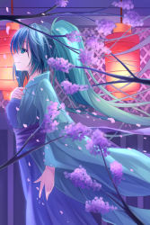 Rule 34 | 1girl, bad id, bad pixiv id, blurry, catsmoon, cherry blossoms, cowboy shot, depth of field, from side, green eyes, green hair, hatsune miku, highres, japanese clothes, kimono, lantern, long hair, outdoors, paper lantern, twintails, very long hair, vocaloid