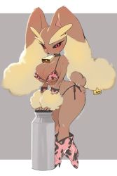 Rule 34 | 1girl, absurdres, animal ears, animal print, artist name, bell, bikini, black sclera, body fur, breasts, brown fur, colored sclera, cow print, cowbell, creatures (company), dated, full body, furry, furry female, game freak, gen 4 pokemon, grey background, highres, large breasts, looking at viewer, lopunny, neck bell, nintendo, pink bikini, pokemon, red eyes, solo, standing, sweat, swimsuit, tail, two-tone background, white background, yuio58ok