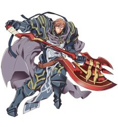 Rule 34 | 10s, armor, armored boots, axe, boots, brown eyes, brown hair, crusty (log horizon), full armor, gauntlets, glasses, hara kazuhiro, holding, holding weapon, log horizon, male focus, official art, pauldrons, shoulder armor, simple background, solo, weapon, white background