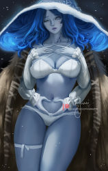 Rule 34 | 1girl, alternate breast size, blue eyes, blue hair, blue skin, bra, breasts, colored skin, elden ring, extra arms, hat, heart, heart hands, large breasts, looking at viewer, one eye closed, panties, ranni the witch, solo, underwear, underwear only, wei (promise 0820), white bra, white hat, white panties, witch hat