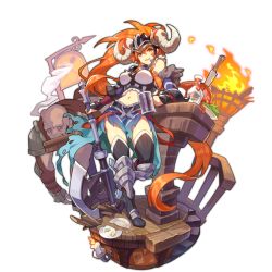 Rule 34 | 1girl, armored boots, axe, boots, broken, cup, dragalia lost, fire, full body, hat, head bump, horns, long hair, midriff, mug, non-web source, official art, red hair, saitou naoki, solo, steam, thighhighs, transparent background, vanessa (dragalia lost), wood, wooden floor