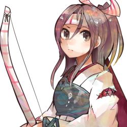 Rule 34 | 10s, 1girl, bad id, bad twitter id, bow (weapon), brown eyes, brown hair, flat chest, hachimaki, hair ribbon, headband, high ponytail, itomugi-kun, japanese clothes, kantai collection, light brown hair, long hair, long sleeves, muneate, ponytail, quiver, ribbon, solo, weapon, zuihou (kancolle)