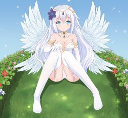 Rule 34 | 10s, 1girl, angel wings, aqua eyes, bad id, bad pixiv id, bare shoulders, black heart (neptunia), breasts, cameltoe, cleavage, collar, elbow gloves, female focus, flower, four goddesses online: cyber dimension neptune, full body, gloves, hair flower, hair ornament, halo, highres, icwine, jewelry, large breasts, long hair, looking at viewer, md5 mismatch, midriff, navel, neptune (series), noire (neptunia), power symbol, power symbol-shaped pupils, sitting, smile, solo, stomach, symbol-shaped pupils, thighhighs, white hair, wings