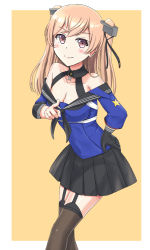 Rule 34 | 1girl, black gloves, black skirt, black thighhighs, blue shirt, border, breasts, brown eyes, cleavage, feet out of frame, garter straps, gloves, hand on own hip, johnston (kancolle), kantai collection, light brown hair, long hair, looking at viewer, medium breasts, nuppunuppu, off shoulder, orange background, pleated skirt, sailor collar, school uniform, serafuku, shirt, single glove, skirt, smile, solo, standing, thighhighs, two-tone background, two side up, united states medal of honor, white border