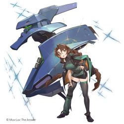 Rule 34 | black jacket, boots, braid, breasts, brown hair, glasses, green eyes, hand on own hip, hand on own thigh, highres, muv-luv: dimensions, jacket, jacket on shoulders, leaning forward, long hair, mecha, medium breasts, muv-luv, muv-luv alternative, official art, parted bangs, robot, round eyewear, sakaki chizuru, science fiction, skindentation, so-taro, tactical surface fighter, thick eyebrows, thighhighs, twin braids, type 97 fubuki, v-shaped eyebrows, very long hair, visor, white background