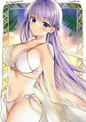 Rule 34 | 1girl, absurdres, bare arms, bare shoulders, bikini, blush, braid, breasts, cleavage, collarbone, commission, commissioner upload, cowboy shot, fire emblem, fire emblem: the binding blade, halterneck, highres, large breasts, leaf, long hair, looking at viewer, midriff, navel, nintendo, outdoors, purple eyes, purple hair, signature, skeb commission, sky, solo, sophia (fire emblem), stomach, string bikini, swimsuit, thighs, very long hair, white bikini, yam (yamap mako)