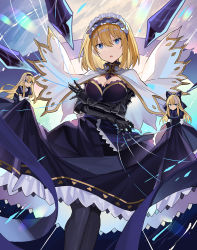 Rule 34 | 1girl, alice margatroid, black bow, black dress, black pantyhose, blonde hair, blue background, blue eyes, bow, breasts, cape, crossed arms, doll, dress, duplicate, falken (yutozin), gloves, hair between eyes, hairband, highres, long hair, looking at viewer, medium breasts, open clothes, pantyhose, perfect cherry blossom, pixel-perfect duplicate, purple hairband, rainbow, shanghai doll, short hair, solo, standing, touhou, white cape, white gloves