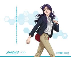 Rule 34 | 10s, 1girl, bag, blouse, brown eyes, copyright name, cross, cross necklace, evangelion: 3.0 you can (not) redo, frilled shirt, frills, honeycomb (pattern), honeycomb background, honeycomb pattern, jacket, jewelry, katsuragi misato, looking away, marui (company), necklace, neon genesis evangelion, official art, official wallpaper, pants, pendant, promotional art, purple hair, rebuild of evangelion, shirt, shoulder bag, solo, walking, wallpaper, white background, white shirt