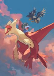 Rule 34 | ^ ^, animal focus, artist name, bagon, bbibebe, bird, blue sky, claws, closed eyes, closed mouth, cloud, creatures (company), day, flying, full body, game freak, gen 2 pokemon, gen 3 pokemon, happy, highres, latias, legendary pokemon, looking at another, looking back, looking down, murkrow, nintendo, no humans, open mouth, outdoors, pokemon, pokemon (creature), red eyes, riding, sideways mouth, signature, sky, smile, twitter username, yellow eyes