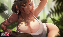 Rule 34 | 1girl, arm up, armlet, armpits, breasts, brown hair, cleavage, closed mouth, facepaint, fern, highres, jewelry, k19, large breasts, mononoke hime, necklace, outdoors, san (mononoke hime), short hair, tank top, thighs, tooth necklace, watermark, web address, white tank top, yellow eyes