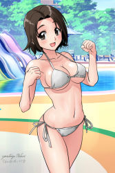 Rule 34 | 1girl, artist name, beach chair, beach umbrella, bikini, breasts, brown eyes, brown hair, cleavage, clenched hands, commentary, cowboy shot, dated, day, forest, girls und panzer, halterneck, large breasts, looking at viewer, matsui yasutsugu, nature, navel, open mouth, outdoors, parted bangs, pool, sawa azusa, short hair, side-tie bikini bottom, signature, smile, solo, standing, string bikini, swimsuit, umbrella, w arms, waterpark, white bikini