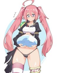 Rule 34 | 1girl, 1other, ahoge, arm at side, blue eyes, blush, breasts, fang, flying sweatdrops, groin tendon, hair between eyes, holding, long hair, milim nava, pink hair, rimuru tempest, single thighhigh, slime (creature), small breasts, striped clothes, striped thighhighs, sweatdrop, tensei shitara slime datta ken, thighhighs, thighs, tilt-shift (azalanz), twintails
