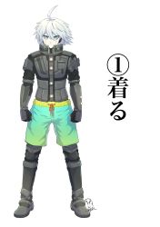 Rule 34 | 1boy, ahoge, android, armor, artist logo, black gloves, blue male swimwear, blue swim trunks, boots, clenched hands, closed mouth, commentary request, danganronpa (series), danganronpa v3: killing harmony, full body, gloves, gradient male swimwear, gradient swimsuit, green male swimwear, green swim trunks, grey eyes, grey hair, hair between eyes, highres, k1-b0, kuma pan (bearbread624), legs apart, looking at viewer, male focus, male swimwear, multicolored male swimwear, multicolored swim trunks, power armor, short hair, solo, standing, swim trunks, swimsuit, translation request, white background, yellow male swimwear