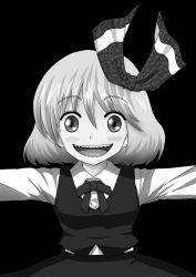 Rule 34 | 1girl, :d, bad id, bad pixiv id, black background, blush, comic, female focus, greyscale, hair ribbon, highres, long sleeves, monochrome, niiko (gonnzou), open mouth, outstretched arms, ribbon, rumia, short hair, simple background, smile, solo, touhou, translation request, upper body, vest