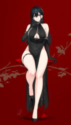 Rule 34 | 1girl, bare shoulders, black gloves, black hair, breasts, china dress, chinese clothes, classy-black-haired girl (hayabusa), cleavage, covered navel, dress, elbow gloves, full body, gloves, hair between eyes, hayabusa, highres, long hair, mole, mole on breast, mole under eye, mole under mouth, original, purple eyes, red background, solo, very long hair, wide hips