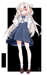 Rule 34 | 1girl, azur lane, black background, blue bow, blue skirt, bow, brown footwear, collared shirt, double bun, error1980, full body, hair bun, hands up, high-waist skirt, highres, hololive, horns, loafers, long hair, long sleeves, multicolored hair, nakiri ayame, oni, puffy long sleeves, puffy sleeves, red eyes, red hair, shirt, shoes, signature, silver hair, skin-covered horns, skirt, sleeves past wrists, socks, solo, standing, streaked hair, two-tone background, very long hair, virtual youtuber, white background, white shirt, white socks