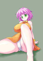 Rule 34 | 1girl, arm support, arms behind back, bare legs, bare shoulders, blush, bracelet, cameltoe, earrings, feet out of frame, final fantasy, final fantasy v, gem, gluteal fold, green eyes, hair between eyes, highres, jewelry, lenna charlotte tycoon, miniskirt, necklace, panties, pink hair, short hair, sitting, skirt, solo, spread legs, thick thighs, thighs, underwear, white panties