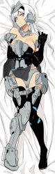Rule 34 | 1girl, architect (frame arms girl), armor, bare shoulders, black gloves, black thighhighs, blue eyes, breasts, closed mouth, dakimakura (medium), doko tetora, elbow gloves, frame arms girl, from above, full body, gloves, grey panties, highres, knees together feet apart, large breasts, long hair, looking at viewer, lying, on back, on bed, panties, solo, thighhighs, underwear, white hair
