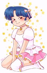 1girl alesshiart artist_name between_legs blue_hair bow brown_eyes choker collarbone commentary dress frilled_dress frills full_body hair_bow hand_between_legs highres pink_bow pink_choker puffy_sleeves ranma_1/2 seiza short_hair single_thighhigh sitting smile smug solo square_neckline star_(symbol) star_choker symbol-only_commentary tendou_akane thighhighs white_dress white_thighhighs