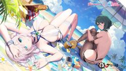 Rule 34 | 2girls, arms up, ass, azur lane, back, bare arms, bare back, bare shoulders, beach, beach mat, beach umbrella, bikini, bird, black choker, blue eyes, breasts, bridal garter, brown pantyhose, chick, choker, coconut, day, dead or alive, dead or alive xtreme, drinking straw, dutch angle, fishnet pantyhose, fishnets, from behind, fruit cup, green eyes, green hair, knees up, large breasts, long hair, looking at viewer, looking back, luna (doa), luna (venus of the beach) (doa), lying, manjuu (azur lane), mole, mole under eye, multiple girls, official alternate costume, official art, on back, outdoors, pantyhose, pink hair, short hair, sideboob, sitting, skindentation, swimsuit, tamaki (doa), tamaki (venus shower time) (doa), thighs, umbrella, wet, white bikini, white hair, yuri (chocho q)