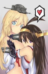 Rule 34 | 10s, 2girls, ahoge, bad id, bad twitter id, blonde hair, blue eyes, breast smother, breasts, brown hair, cleavage, detached sleeves, dmt (auburn), elbow gloves, fingerless gloves, gloves, hairband, heart, heart-shaped pupils, height difference, hug, iowa (kancolle), kantai collection, kongou (kancolle), large breasts, long hair, medium breasts, multiple girls, nontraditional miko, purple eyes, spoken heart, star-shaped pupils, star (symbol), symbol-shaped pupils, yuri