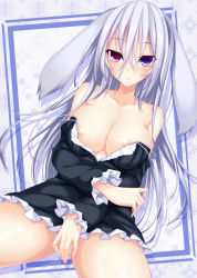 Rule 34 | 1girl, :o, animal ears, areola slip, bare shoulders, black dress, blush, breasts, cleavage, collarbone, covering privates, covering crotch, dress, grey hair, heterochromia, large breasts, looking at viewer, no bra, no panties, off shoulder, original, parted lips, partially visible vulva, pink eyes, purple eyes, rabbit ears, solo, strapless, strapless dress, suterii