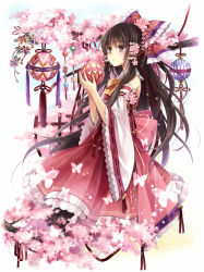 Rule 34 | 1girl, bare shoulders, bell, black hair, bow, brown eyes, bug, butterfly, cherry blossoms, detached sleeves, female focus, hagiwara rin, hair bow, hair tubes, hakurei reimu, holding, insect, japanese clothes, long hair, miko, solo, touhou, very long hair