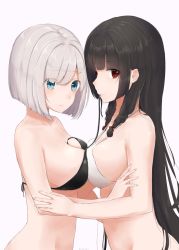 Rule 34 | 10s, 2girls, arm grab, bad id, bad pixiv id, bare arms, bare shoulders, between breasts, bikini, black bikini, black hair, blue eyes, braid, breast press, breasts, cleavage, closed mouth, eyes visible through hair, female focus, hair ornament, hair ribbon, hairclip, hamakaze (kancolle), highres, isokaze (kancolle), kantai collection, large breasts, long hair, looking at another, mouth hold, multiple girls, neck, niko (aiai03012), red eyes, red ribbon, ribbon, short hair, sideboob, silver hair, simple background, smile, swimsuit, symmetrical docking, tress ribbon, twin braids, wavy mouth, white background, white bikini, yuri