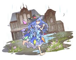 Rule 34 | 1girl, barefoot, black headwear, blue hair, blue skirt, deemo, frilled skirt, frills, full body, heart, highres, hinanawi tenshi, long hair, looking at viewer, open mouth, outdoors, petticoat, primsla, puddle, rain, red eyes, shirt, short sleeves, skirt, solo, touhou, white background, white shirt