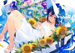 Rule 34 | 1girl, achiki, bad id, bad twitter id, bare legs, bare shoulders, black hair, blue eyes, blue ribbon, bottle, closed mouth, cloud, collarbone, day, dress, floral print, flower, hair between eyes, hat, holding, in container, looking to the side, lying, morning glory print, original, ramune, ribbon, shoes, short hair, simple background, sky, solo, sun hat, sundress, sunflower, toeless footwear, white background, white dress, white footwear, wind chime