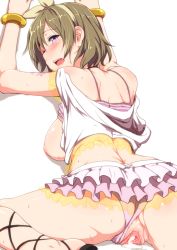 Rule 34 | 10s, 1girl, aftersex, anus, ass, blush, bra, bra lift, bracelet, breasts, brown hair, butt crack, censored, clearite, clothing aside, cum, cum in pussy, food, from behind, gaping, hair ribbon, highres, jewelry, koizumi hanayo, large breasts, looking at viewer, looking back, love live!, love live! school idol project, microskirt, mosaic censoring, natsuiro egao de 1 2 jump!, nipples, off shoulder, open clothes, open mouth, open shirt, panties, panties aside, purple bra, purple eyes, purple panties, pussy, ribbon, saliva, shirt, short hair, simple background, skirt, solo, star (symbol), tattoo, underwear, upskirt, white background