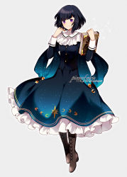 Rule 34 | 1girl, artist name, black hair, blue dress, book, boots, cross-laced footwear, dress, frilled dress, frills, highres, holding, holding book, kei-chan (atlas kei), lace-up boots, long sleeves, looking at viewer, original, purple eyes, short hair, smile, solo, starry sky print, white background, witch