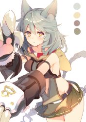Rule 34 | 10s, 1girl, animal ears, animal hands, argyle, argyle clothes, argyle cutout, armlet, bad id, bad pixiv id, belt, blush, braid, breasts, center opening, claw (weapon), clothing cutout, collar, color guide, cowboy shot, elbow gloves, erune, eyebrows, gloves, granblue fantasy, hair between eyes, hood, long hair, looking at viewer, looking to the side, low-tied long hair, mayachi (amuriya), midriff, miniskirt, navel cutout, open mouth, orange eyes, outstretched arms, paw gloves, pleated skirt, sen (granblue fantasy), side cutout, sideboob, silver hair, single braid, skirt, sleeveless, solo, sweatdrop, thighs, weapon