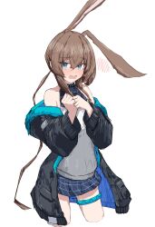 Rule 34 | 1girl, absurdres, amiya (arknights), animal ears, arknights, ascot, bare shoulders, black jacket, blue eyes, blue skirt, blush, brown hair, clenched hands, commentary request, hands up, highres, jacket, long hair, long sleeves, looking at viewer, off shoulder, open clothes, open jacket, open mouth, plaid, plaid skirt, pleated skirt, ponytail, puffy long sleeves, puffy sleeves, rabbit ears, rabbit tail, shirt, skirt, solo, tail, thigh ring, tobildesu, white shirt
