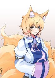 Rule 34 | 1girl, absurdres, ahoge, animal ear fluff, animal ears, blonde hair, breasts, closed mouth, fox ears, fox girl, fox tail, hands in opposite sleeves, highres, juliet sleeves, kitsune, large breasts, long sleeves, looking at viewer, multiple tails, no headwear, puffy sleeves, short hair, signature, simple background, smile, solo, tabard, tail, touhou, upper body, white background, yagoro kusuriya, yakumo ran, yellow eyes