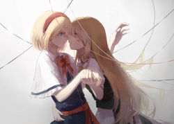 Rule 34 | 2girls, alice margatroid, apron, bad id, bad pixiv id, blonde hair, blood, blood on face, blue dress, blue eyes, bow, braid, capelet, dress, face-to-face, gradient background, hair bow, hair ornament, hairband, highres, holding, kirisame marisa, long hair, looking at another, mo (artist), mo (ine mao), multiple girls, no headwear, parted lips, puffy sleeves, ribbon, sash, shirt, short hair, short sleeves, side braid, simple background, single braid, skirt, skirt set, string, tears, touhou, vest, waist apron, yellow eyes, yuri