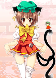 Rule 34 | 1girl, animal ears, bad id, bad pixiv id, brown hair, cat ears, cat girl, cat tail, chen, earrings, female focus, hat, jewelry, multiple tails, ooji cha, red eyes, short hair, solo, tail, thighhighs, touhou, white thighhighs