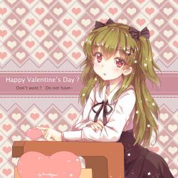 Rule 34 | 1girl, :o, blush, bow, green hair, hair bow, happy valentine, heart, heart-shaped pupils, highres, long hair, long sleeves, north abyssor, original, red eyes, solo, symbol-shaped pupils, twintails, two side up, valentine