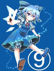 Rule 34 | circled 9, 1girl, ahoge, bloomers, blue background, blue eyes, blue hair, bow, cirno, dress, dress shirt, gomenneko, hair bow, highres, ice, ice wings, matching hair/eyes, nail polish, open mouth, puffy short sleeves, puffy sleeves, ribbon, shirt, shoes, short hair, short sleeves, smile, solo, teeth, touhou, underwear, v, wings
