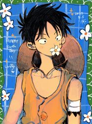 Rule 34 | 1boy, 2022, black hair, blue background, border, buttons, character name, daisy, dated, flower, green border, hair flower, hair ornament, happy birthday, hat, highres, looking to the side, makenevemoiine, male focus, monkey d. luffy, one piece, scar, scar on face, shirt, short hair, sleeveless, solo, straw hat, upper body, yellow shirt