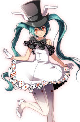 Rule 34 | 1girl, ace (playing card), ace of diamonds, ace of spades, animal ears, aqua hair, bare shoulders, black bow, black hat, blush, bow, card, checkered bow, checkered clothes, checkered dress, club (shape), commentary request, diamond (shape), dress, gloves, hat, hatsune miku, heart, high heels, long hair, looking at viewer, orange eyes, pantyhose, playing card, project diva (series), project diva x, rabbit ears, smile, solo, spade (shape), standing, standing on one leg, top hat, tsukishiro saika, twintails, vocaloid, white dress, white footwear, white gloves, white pantyhose