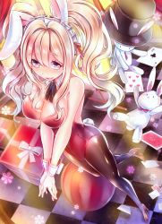 Rule 34 | 1girl, animal ears, blonde hair, breasts, rabbit, card, checkered floor, cleavage, detached collar, fake animal ears, floor, gift, here (artist), highres, long hair, original, pantyhose, playboy bunny, playing card, rabbit ears, rabbit tail, red eyes, ribbon, tail, twintails, wrist cuffs